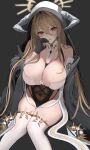  1girl absurdres azur_lane between_breasts black_gloves black_veil blonde_hair breast_cutouts breasts cleavage covered_navel crossed_bangs fake_horns forward-facing_horns gloves hair_between_eyes hair_intakes half_gloves highres horns implacable_(azur_lane) large_breasts long_bangs long_hair long_hair_between_eyes looking_at_viewer moonggu nun pelvic_curtain revealing_clothes sitting solo thighhighs veil white_horns white_thighhighs 