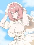  1girl absurdres alternate_costume arms_up blue_sky blush bow breasts closed_mouth collarbone commentary_request day dress frilled_dress frilled_gloves frills gloves hair_bow hair_intakes hat highres large_breasts looking_at_viewer medium_hair mole mole_on_breast musimusikousin outdoors pink_hair purple_eyes remielle_dan sky smile solo white_bow white_dress white_gloves white_hat wings zenless_zone_zero 