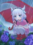  1girl absurdres bawnzee blue_flower boots bug butterfly commentary completion_time dragon_girl dragon_horns english_commentary flower gradient_hair highres holding holding_umbrella horns hydrangea kanna_kamui kobayashi-san_chi_no_maidragon long_hair low_twintails multicolored_hair open_mouth pantyhose pink_shirt puddle purple_eyes purple_flower purple_hair rain red_boots ripples shirt solo twintails umbrella very_long_hair white_hair white_pantyhose 
