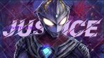  1boy alien armor artist_name black_skin blue_gem castlings character_name chest_guard collarbone color_timer colored_skin commentary dorsal_fin english_commentary english_text forehead_jewel gem glowing glowing_eyes looking_to_the_side male_focus multicolored_skin no_pupils purple_background red_skin shoulder_armor silver_skin solo splatter_background tokusatsu toned toned_male ultra_series ultraman_cosmos_(series) ultraman_justice ultraman_justice_(standard_mode) upper_body watermark yellow_eyes 