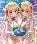  2girls absurdres beach bell bikini blonde_hair blue_eyes blush breasts cake choujigen_game_neptune cleavage closed_mouth commentary_request cowbell day food green_bikini hair_between_eyes helvetica_std highres holding holding_tray large_breasts long_hair looking_at_viewer maid maid_headdress multiple_girls neck_bell neptune_(series) ocean open_mouth original outdoors pointy_ears standing swimsuit tray vert_(neptunia) 