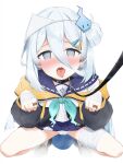  1girl absurdres aqua_neckerchief bandaged_leg bandages belt_buckle belt_collar black_coat black_collar black_shoes blue_sailor_collar blue_skirt blush bright_pupils buckle clothes_lift coat collar commentary_request commission double-parted_bangs from_above full_body grey_eyes grey_hair hair_between_eyes hair_ornament hairclip highres leash long_bangs long_hair long_sleeves looking_at_viewer looking_up manbo2024 neckerchief nose_blush open_clothes open_coat open_mouth panties paw_pose pet_play pleated_skirt pussy_juice pussy_juice_drip_through_clothes raised_inner_eyebrows sailor_collar saliva saliva_trail school_uniform serafuku shirt shoes simple_background skeb_commission skirt skirt_lift solo spread_legs squatting suzutuki_sui tongue tongue_out underwear varium very_long_hair virtual_youtuber white_background white_panties white_pupils white_shirt 