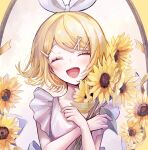  1girl :d ^_^ bare_arms blonde_hair blush bow closed_eyes commentary_request dress facing_viewer flower hair_bow hair_ornament hairclip hands_up happy highres holding holding_flower kagamine_rin open_mouth pipi_(pipinavigation) short_hair sidelocks sleeveless sleeveless_dress smile solo sundress sunflower teeth upper_body upper_teeth_only vocaloid white_bow white_dress x_hair_ornament yellow_flower 