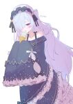  1girl absurdres bare_shoulders black_ribbon blue_dress blue_hairband bow collarbone cowboy_shot crescent crescent_necklace dress dress_bow food frilled_dress frilled_hairband frilled_sleeves frills gothic_lolita hair_over_one_eye hair_ribbon hairband highres holding holding_food holding_ice_cream holding_ice_cream_cone ice_cream ice_cream_cone jewelry licking_food lolita_fashion lolita_hairband long_hair long_sleeves mahou_shoujo_no_majo_saiban natsume_an-an necklace negimasandayo off-shoulder_dress off_shoulder one_eye_covered polka_dot polka_dot_bow purple_eyes ribbon simple_background sleeve_bow sleeves_past_fingers sleeves_past_wrists solo tongue tongue_out translation_request white_background white_hair wide_sleeves 