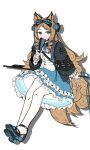  1girl animal_ears arknights black_bow black_jacket black_shoes blue_bow blue_eyes blue_flower blue_nails blue_ribbon blue_skirt bow brown_hair brown_tail buttons chinese_commentary colored_shoe_soles commentary_request covered_mouth diamond-shaped_pupils diamond_(shape) flower frilled_skirt frills hair_bow hair_flower hair_ornament hand_fan highres holding holding_fan iris_(arknights) jacket long_hair long_sleeves looking_to_the_side nail_polish open_clothes open_jacket panaic pantyhose ribbon shirt shoe_soles shoes simple_background skirt solo symbol-shaped_pupils tail very_long_hair white_background white_pantyhose white_shirt 