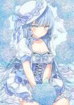  1girl absurdres blue_bow blue_choker blue_eyes blue_hair blue_theme bow braid breasts choker cleavage collarbone commentary_request criss-cross_straps dress expressionless falling_petals flower frilled_dress frills hat highres hydrangea large_breasts layered_dress light_blush original painting_(medium) petals pixiv_username puffy_short_sleeves puffy_sleeves short_dress short_sleeves side_braid sitting solo sun_hat sweet_miuk_tea tilted_headwear traditional_media watercolor_(medium) watermark yokozuwari 