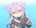  1girl ahoge animal_ear_fluff animal_ears blush cat_ears cat_girl cat_tail choker cocomayo29_(tomato) collarbone commentary_request fang food_print hair_between_eyes hololive hood hoodie korean_commentary long_sleeves looking_at_viewer nekomata_okayu nekomata_okayu_(oversized_shirt) onigiri_print puffy_sleeves purple_eyes purple_hair simple_background solo sweat tail virtual_youtuber 