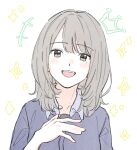  +++ 1girl :d animification black_hair blue_shirt collarbone collared_shirt commentary_request drawn_crown hanamiya_nina highres looking_at_viewer mole mole_under_eye open_mouth porari real_life shirt simple_background smile solo sparkle teeth upper_teeth_only voice_actor white_background 