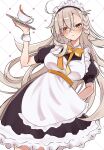  1girl ahoge apron black_dress blush bow braid breasts cup dress enmaided fate/grand_order fate_(series) frilled_apron frills furrowed_brow highres kyouka_0625 large_breasts long_hair maid maid_apron maid_headdress olga_marie_animusphere orange_eyes puffy_sleeves shy teacup very_long_hair white_apron white_hair yellow_bow yellow_eyes 
