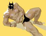  1boy abs artist_name arvve bara batman batman_(series) biceps black_male_swimwear closed_mouth dc_comics goggles goggles_on_head highres looking_to_the_side male_focus male_swimwear masked muscular muscular_male navel nipples pectorals topless_male yellow_background 
