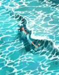  1girl aqua_dress aqua_theme artist_logo barefoot belt black_hair closed_eyes closed_mouth commentary day dress english_commentary floating floating_hair flower from_above logo loika long_sleeves medium_hair ocean original outdoors red_belt red_flower shadow solo water watermark waves web_address wide_shot 