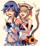  2girls animal_ears bikini black_bikini black_gloves black_skirt blue_eyes blunt_bangs breasts brown_hair camisole cat_ears cat_girl cat_tail commentary_request fingerless_gloves fu_hua fu_hua_(seagull's_soar) gloves green_eyes grey_hair heterochromia highres honkai_(series) honkai_impact_3rd medium_breasts midriff mmhy_hk multiple_girls navel official_alternate_costume pardofelis pardofelis_(midsummer_collector) see-through_clothes see-through_skirt short_hair_with_long_locks simple_background skirt small_breasts swimsuit tail white_background white_camisole white_skirt 