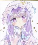  1girl blue_bow blush bow closed_mouth commentary_request crescent crescent_hat_ornament dress hair_bow hat hat_ornament highres kagome_f long_hair long_sleeves looking_at_viewer mob_cap patchouli_knowledge purple_bow purple_dress purple_eyes purple_hair purple_hat simple_background solo star_(symbol) touhou upper_body white_background 