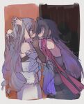  2girls ahoge blush bronya_rand commentary covered_mouth elbow_gloves eye_contact fingernails from_side gloves grey_hair hand_in_another's_hair hand_up highres honkai:_star_rail honkai_(series) livpoid long_hair looking_at_another multiple_girls nail_polish pink_nails purple_hair seele_(honkai:_star_rail) yuri 