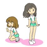  >_o 2girls :d ;d belt belt_buckle brown_eyes brown_hair buckle chibi closed_mouth colored_shadow commentary_request crop_top green_shorts kabiinyo_(kab) long_hair lowres midriff multiple_girls navel one_eye_closed original shadow shirt shoes short_shorts short_sleeves shorts simple_background smile white_background white_belt white_shirt white_shoes 