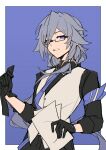  1girl absurdres black_gloves black_shirt blue_background blue_eyes border chinese_commentary collared_shirt commentary_request fu_hua glasses gloves highres holding holding_paper honkai_(series) honkai_impact_3rd long_hair nanguatudou_dunpaigu necktie outside_border paper parted_lips purple_necktie shirt solo vest white_border white_vest 