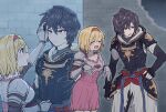  1boy 1girl armor black_hair blonde_hair blue_eyes blush brick_wall closed_eyes commentary_request djeeta_(granblue_fantasy) dress fingerless_gloves gauntlets gloves granblue_fantasy hairband highres hood hood_down open_mouth p_okate pink_dress pink_hairband rain red_eyes sandalphon_(granblue_fantasy) short_hair smile stone_wall wet wet_clothes wet_hair 