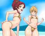  2girls :d absurdres ahoge aisha_greyrat alternate_costume bikini blonde_hair blush breasts cameltoe closed_mouth commentary fingernails gold_bikini gold_nails green_eyes halterneck hand_on_own_ass highres leonardo4532 looking_down medium_hair multiple_girls mushoku_tensei nail_polish navel norn_greyrat open_mouth red_hair ribs short_hair skindentation small_breasts smile strap_gap swimsuit teeth upper_teeth_only 