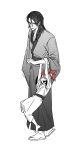  1boy 1girl abarai_ichika barefoot bkg0303 bleach bleach:_epilogue child commentary_request greyscale height_difference highres korean_commentary kuchiki_byakuya monochrome open_mouth ponytail robe sandals smile spot_color uncle_and_niece 