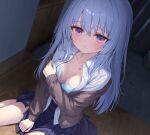  1girl :| aqua_bra blue_hair blue_skirt bra breasts brown_cardigan cardigan cardigan_partially_removed closed_mouth commentary_request covering_breasts covering_privates crossed_bangs dutch_angle from_above genkan hickey indoors jpeg_artifacts long_hair looking_at_viewer medium_breasts on_floor open_clothes open_shirt original pleated_skirt puddle purple_eyes raised_inner_eyebrows school_uniform shirt sitting skirt solo straight_hair suyamori tile_floor tiles torn_clothes torn_skirt unbuttoned underwear wet wet_clothes wet_hair wet_shirt white_shirt wooden_floor 