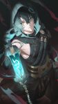  1boy absurdres arm_up black_pants black_shirt closed_mouth commentary green_eyes hair_between_eyes heterochromia highres hoavu hood jingran_(wuthering_waves) lantern long_hair looking_at_viewer male_focus pants shirt solo tacet_mark_(wuthering_waves) toned toned_male twitter_username wuthering_waves yellow_eyes 