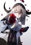  1girl absurdres animal_ears arknights black_gloves black_pantyhose blush bottle brown_hair commentary_request cow_ears cow_girl cow_horns cowboy_shot cup drinking_glass flower flower_on_head gloves green_eyes grey_shirt hair_between_eyes highres holding holding_bottle horns long_hair looking_at_viewer pallas_(arknights) pantyhose parted_lips petals ranoamph red_flower red_rose rose shirt simple_background skirt smile solo watermark white_background white_skirt wine_glass 