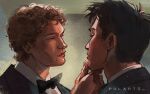  2boys absurdres arm_up black_bow black_bowtie black_hair black_jacket blue_eyes bow bowtie brown_hair collared_shirt commentary curly_hair english_commentary eye_contact formal_clothes hand_on_another's_chin heated_rivalry highres ilya_rozanov jacket looking_at_another male_focus mole mole_on_chin multiple_boys polartss profile shane_hollander shirt short_hair short_sideburns sideburns suit_jacket twitter_username white_shirt yaoi 