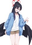  1girl absurdres alternate_costume alternate_hairstyle black_hair black_wings blue_archive blue_jacket blush brown_shorts closed_eyes commentary feathered_wings hair_behind_ear hair_ornament hairclip halo highres ichika_(blue_archive) jacket long_hair low_wings open_clothes open_jacket open_mouth red_halo shirt short_shorts shorts solo tah_noey untranslatable_commentary white_shirt wings 