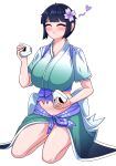  1girl :t absurdres black_hair blunt_bangs blush breasts closed_eyes clothing_request commentary commission eating eyelashes flower food food_bite full_body hair_flower hair_ornament heart highres holding holding_food kneeling large_breasts midriff moneybird purple_flower senran_kagura short_hair short_sleeves solo transparent_background very_short_hair yozakura_(senran_kagura) 