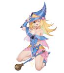  1girl :d ;d absurdres artist_name blonde_hair blue_boots blue_dress boots breasts chinese_commentary cleavage commentary dark_magician_girl dress full_body gauntlets green_eyes hat highres holding holding_staff jewelry large_breasts long_hair looking_at_viewer necklace one_eye_closed open_mouth simple_background smile solo spiked_hair staff vanille5454 white_background wizard wizard_hat yu-gi-oh! 