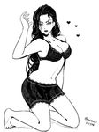  bra breasts full_body greyscale heart jojo_no_kimyou_na_bouken kneeling lingerie lipstick long_hair makeup medium_breasts monochrome navel satsuki_01 solo toenail_polish twitter_username underwear wavy_hair yamagishi_yukako 