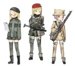  3girls animal_ears bag beret blonde_hair bolt_action brown_hair camouflage camouflage_jacket coat gun hat helmet jacket lee-enfield military_uniform multiple_girls original paper rifle satchel sterling_smg submachine_gun thighhighs weapon y_(khakiyawn) 