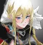  1girl absurdres arm_up azur_lane bismarck_(azur_lane) bismarck_zwei_(azur_lane) black_cape blonde_hair blue_eyes blush breasts cape collared_cape commentary_request fur-trimmed_cape fur_trim furrowed_brow gradient_background hair_between_eyes highres kabedon kabedon_on_viewer long_hair long_sidelocks looking_at_viewer military_uniform nocturnal_melonpan outstretched_arm pov red_cape sidelocks simple_background striped_blush two-tone_cape 