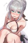  0nineo9 1girl ahoge alternate_color artoria_caster_(fate) artoria_caster_(fate)_(cosplay) artoria_pendragon_(fate) bikini blush breasts cosplay fate/grand_order fate_(series) gray_(fate) green_eyes grey_hair hair_bun highres lord_el-melloi_ii_case_files medium_hair saber_(fate) saber_(fate)_(cosplay) saber_(swimsuit_archer)_(first_ascension)_(fate) solo swimsuit tagme white_bikini 