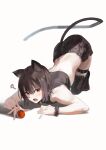  1boy ? absurdres animal_ears ball bare_shoulders bell belt black_belt black_shorts black_wrist_cuffs brown_hair cat_boy cat_ears cat_tail commentary_request highres hiura_mihate jingle_bell kamiro_(kamin_r0) kemonomimi_mode koisuru_(otome)_no_tsukurikata looking_at_viewer male_focus neck_bell red_eyes short_hair shorts simple_background solo tail thigh_belt thigh_strap top-down_bottom-up trap white_background wrist_cuffs 