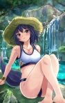  1girl animal_ears bare_legs bare_shoulders barefoot bikini black_bikini blue_hair blush breasts brown_hat collarbone commentary_request day ears_through_headwear grey_eyes hat highres knees_up mismatched_bikini original outdoors small_breasts solo straw_hat swimsuit tail tree water waterfall white_bikini yumibakama_meme 