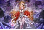  1girl black_sclera blue_eyes braid breasts cleavage_cutout closed_mouth clothing_cutout colored_inner_hair colored_sclera cross gloomi_(kaneko_lumi) juliet_sleeves kaneko_lumi leotard long_hair long_sleeves merchandise_available multicolored_hair nekoya_(nekodayo_22) official_art orange_eyes phase_connect puffy_sleeves red_hair second-party_source solo thighhighs virtual_youtuber white_leotard 
