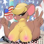  aircraft airplane anthro avian bird blonde_hair breasts brown_body brown_eyes brown_fur crossgender domieawesome donald_trump eagle female fur hair mammal nintendo nipples pink_areola pink_nipples pink_nose pok&eacute;mon stars_and_stripes statue_of_liberty united_states_of_america v_sign video_games white_house yellow_body yungoos 