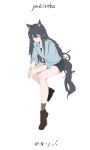  1girl animal_ear_fluff arknights black_hair black_shorts black_tail blue_shirt brown_shoes chaomian_yakisoba chinese_commentary closed_mouth commentary_request hair_between_eyes highres invisible_chair long_hair long_sidelocks looking_at_viewer orange_eyes own_hands_together shirt shoes short_shorts shorts sidelocks simple_background sitting sketch sleeves_rolled_up solo tail texas_(arknights) white_background wolf_tail 