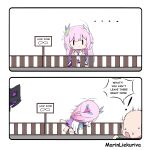  ! 1boy 1girl absurdres artist_name bald commentary cyrene_(demiurge)_(honkai:_star_rail) cyrene_(honkai:_star_rail) da_wei dress english_text fence highres honkai:_star_rail honkai_(series) irontomb long_hair marin_liekuriva mihoyo mobius_strip multiple_girls pink_hair pointy_ears sign very_long_hair white_dress 