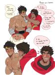  2boys abs absurdres bandaged_arm bandages bandaid bandaid_on_face bandaid_on_nose bara biceps black_hair black_shirt blush boxing_shorts broad_shoulders brown_eyes collarbone commentary dirty english_commentary english_text gloves grin headband highres hood hoodie huge_pectorals implied_yaoi iron_fist_(marvel) lin_lie_(marvel) looking_at_another looking_to_the_side male_focus marvel marvel_rivals multiple_boys multiple_views muscular muscular_arms muscular_male navel nervous_smile nipples patreon_username peter_parker red_gloves red_hoodie red_shorts shiny_skin shirt shorts simple_background smile speech_bubble striped_blush suyohara sweat thick_eyebrows topless_male two-tone_headband white_background white_headband yellow_headband 