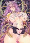  1girl areola_slip bare_shoulders black_hands blush breasts cameltoe chikinan_tarou cleavage colored_extremities commentary_request fate/grand_order fate_(series) gold_collar gold_ribbon heart heart_hands highres large_breasts long_hair looking_at_viewer mask mask_on_head navel open_mouth painting_(medium) purple_hair red_eyes skeletal_clothes skull_mask smile solo thighs traditional_media urd_(fate) very_long_hair watercolor_(medium) 