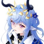  1girl animal_ears arknights black_horns black_shirt blue_flower blue_hair chinese_commentary commentary_request cow_ears cow_girl cow_horns crown cynisca_(arknights) flower from_above gradient_eyes hair_rings highres horns laurel_crown maodun_shoujing multicolored_eyes portrait purple_hair shirt sidelocks single_hair_ring smile solo turtleneck turtleneck_shirt yellow_crown 