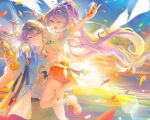  1boy 1girl absurdres aqua_eyes arm_up bag bottle braid brother_and_sister can commentary cowboy_shot crop_top dandan_27 drink_can foot_out_of_frame grey_hair hair_between_eyes halo halo_behind_head head_wings highres holding holding_bottle holding_can honkai:_star_rail honkai_(series) lifting_person long_hair looking_at_viewer midriff navel ocean official_alternate_costume one_eye_closed open_clothes open_mouth open_shirt orange_shorts ponytail purple_hair robin_(fanta)_(honkai:_star_rail) robin_(honkai:_star_rail) shirt shoes shorts shoulder_bag siblings single_braid smile sneakers socks soda_bottle soda_can spiked_halo sun sunday_(fanta)_(honkai:_star_rail) sunday_(honkai:_star_rail) sunrise teeth untranslatable_commentary upper_teeth_only very_long_hair white_shirt white_socks white_wings wings yellow_eyes 