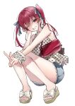  1girl armpit_crease bag bare_legs bare_shoulders blue_ribbon blue_shorts blush breasts commentary_request convenient_leg feet full_body hair_ribbon highres hololive houshou_marine knees_up long_hair looking_at_viewer namekicheese one_eye_closed print_shirt red_eyes red_hair ribbon sandals scrunchie shirt short_shorts shorts shoulder_bag sideboob simple_background sitting sleeveless sleeveless_shirt smile solo toes twintails v virtual_youtuber white_background white_shirt wrist_scrunchie 