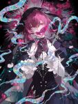  1girl animal_print black_choker black_veil choker commentary cowboy_shot gloves hair_between_eyes highres honkai:_star_rail honkai_(series) kafka_(honkai:_star_rail) looking_at_viewer lv_zhu_xuan own_hands_clasped own_hands_together purple_eyes purple_gloves purple_hair solo spider_print veil 