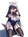  1girl absurdres alternate_costume bare_shoulders black_hair black_halo black_sleeves blue_archive breasts brown_thighhighs cleavage commentary detached_sleeves garter_straps hair_behind_ear halo halterneck highres interlocked_fingers kneeling lace-trimmed_thighhighs lace_trim large_breasts long_hair looking_at_viewer mu_aii multicolored_halo nun nun_headdress own_hands_clasped own_hands_together pelvic_curtain red_eyes red_halo ringed_eyes rio_(blue_archive) see-through_cleavage see-through_clothes simple_background solo thighhighs two-tone_halo white_background 