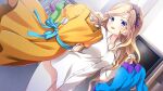  1girl blonde_hair blue_shirt bow_hairband brown_hairband buttons clothes_hanger collarbone dress dutch_angle e_school_life game_asset hairband highres holding holding_clothes_hanger indoors karasuma_yuka light_smile long_sleeves looking_at_viewer naked_shirt non-web_source official_art open_collar open_mouth rinks shirt standing wavy_hair yellow_dress 