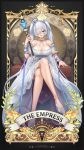  1girl bare_shoulders blue_eyes blush breasts cinderella_(glass_princess)_(nikke) cinderella_(nikke) cleavage commentary crossed_legs crown dress english_commentary glass_slipper goddess_of_victory:_nikke hair_over_one_eye highres holding holding_scepter kuronekozero large_breasts long_hair looking_at_viewer mini_crown official_alternate_costume open_mouth scepter see-through_clothes see-through_dress see-through_footwear sitting smile solo tarot the_empress_(tarot) twintails very_long_hair white_dress white_hair 