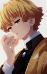  1boy absurdres agatsuma_zenitsu black_jacket blonde_hair commentary_request demon_slayer_uniform food fruit hand_up haori high_collar highres holding holding_food holding_fruit jacket japanese_clothes kimetsu_no_yaiba looking_at_viewer male_focus may_(illust_man_2020) parted_lips print_haori short_hair signature simple_background solo teeth white_background yellow_eyes yellow_haori 